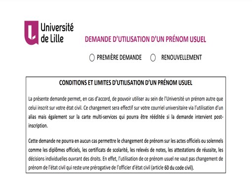 Formulaire de changement de prénom de l'Université de Lille
